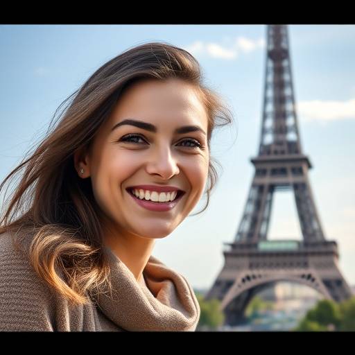Affiche de la série 'Amour à Paris', représentant une jeune femme américaine souriant devant la Tour Eiffel.