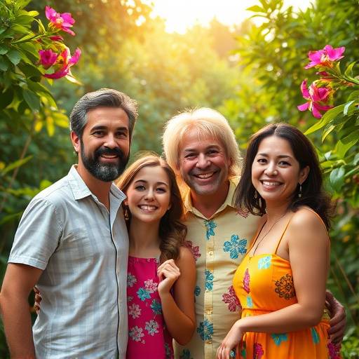 Affiche de la série 'La Vie en Rose Bonbon', mettant en scène une famille excentrique souriant dans leur jardin.