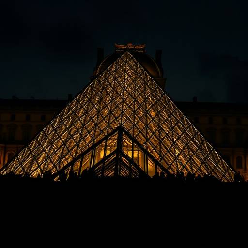 Affiche de la série 'Le Mystère du Louvre', montrant une vue nocturne du musée illuminé avec des silhouettes mystérieuses à l'intérieur.
