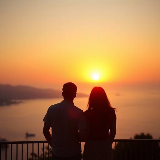 Image de placeholder pour la bande-annonce de la série Les Secrets de la Côte d'Azur, avec un couple regardant la mer au coucher du soleil