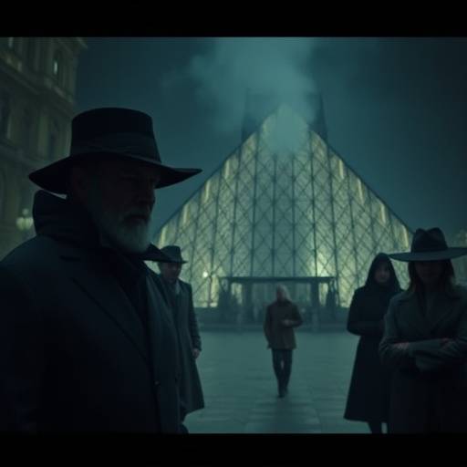 Image placeholder pour la bande-annonce de la série Le Mystère du Louvre, montrant une ambiance mystérieuse et des personnages intrigants.